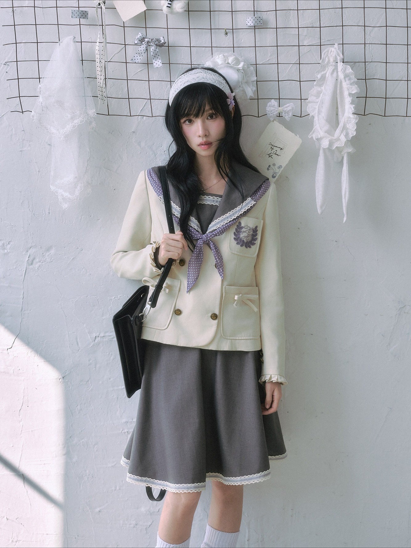 "Showa Era" Layered Uniform Collection (Collarless Blazer / Sailor Blouse / Uniform Skirt / Polka Dot Scarf)