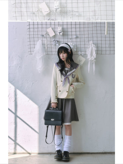 "Showa Era" Layered Uniform Collection (Collarless Blazer / Sailor Blouse / Uniform Skirt / Polka Dot Scarf)