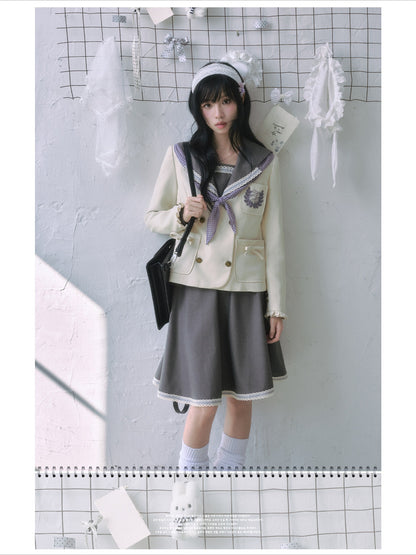 "Showa Era" Layered Uniform Collection (Collarless Blazer / Sailor Blouse / Uniform Skirt / Polka Dot Scarf)