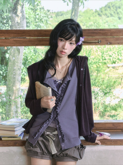 "Sage Whisper" Layered Knit Collection (Hooded Knit Cardigan / Lace Cami / Bubble Shorts)