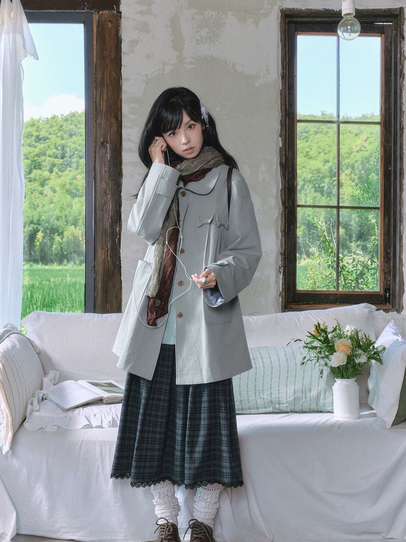 "Sage Whisper" Layered Trench Collection (Round Collar Coat / Knit Top / Polka Dot Cami / Plaid Skirt)