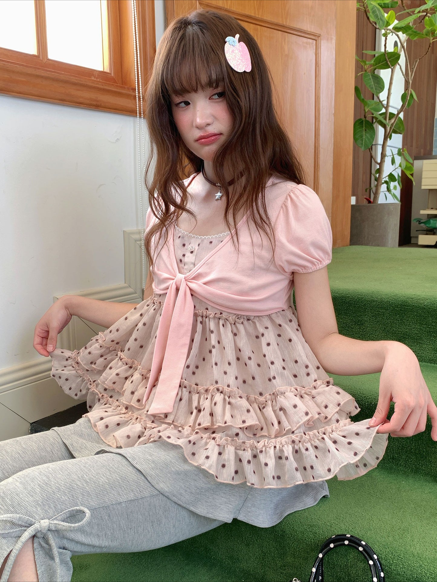 [RF] “Peach Mocha Layers” Misty Pink Polka Dot Layered Top