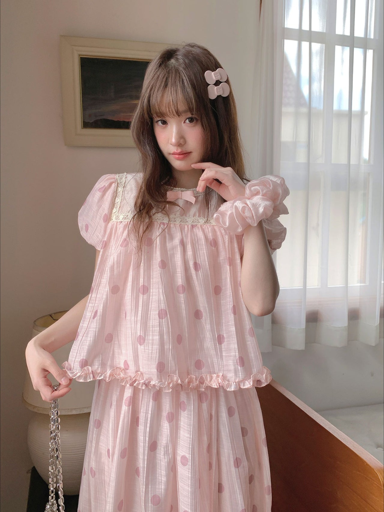 [RF] “Peach Polka Daydream” Pink Polka Dot Two-Piece Skirt Set