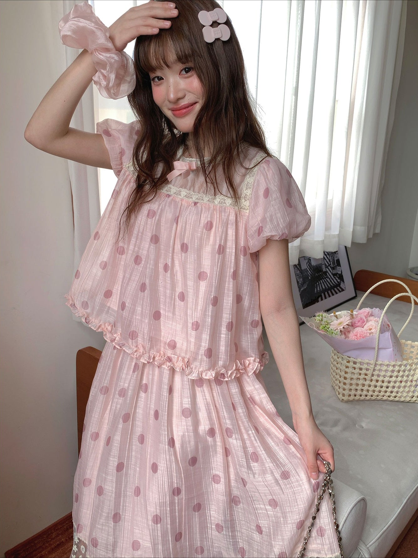 [RF] “Peach Polka Daydream” Pink Polka Dot Two-Piece Skirt Set