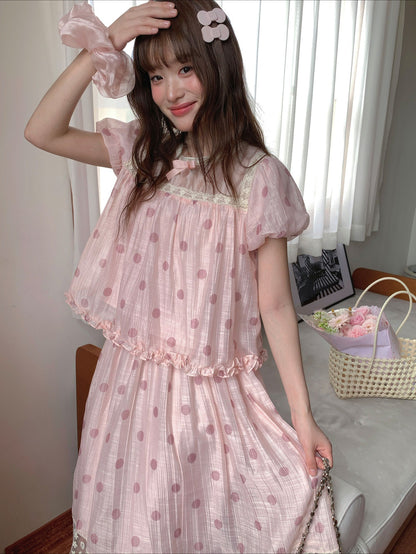 [RF] “Peach Polka Daydream” Pink Polka Dot Two-Piece Skirt Set