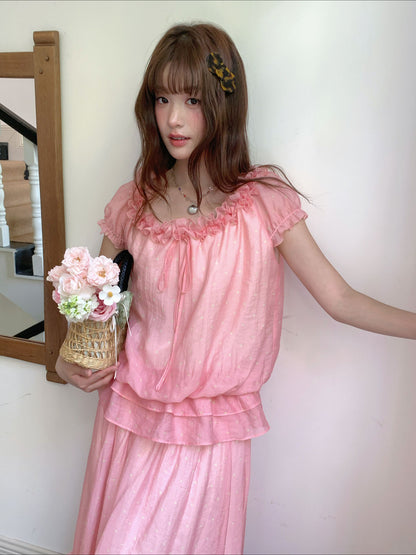 [RF] “Peach Picnic Reverie” Pink Plaid Two-Piece Skirt Set
