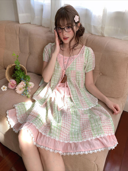 [RF] “Green Grape Picnic” Pastel Plaid Two-Piece Skirt Set