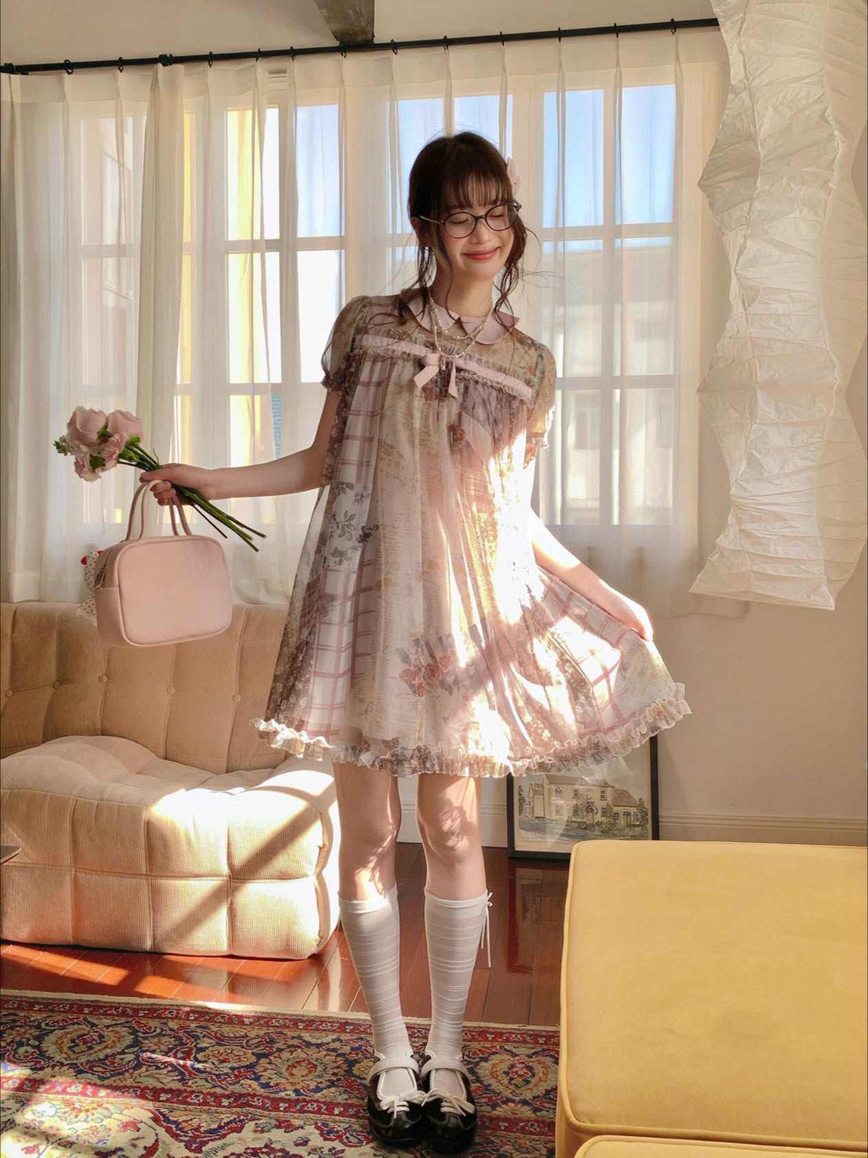 [RF] “Vintage Storybook” Light Brown Tea Patchwork Print Mini Dress