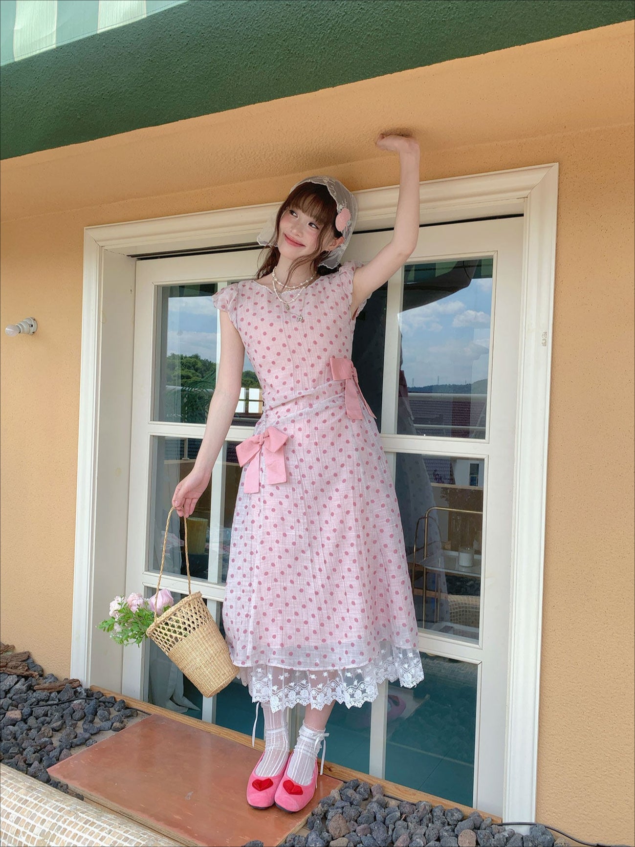 [RF] “Pink Mist Polka” Vintage Polka Dot Maxi Dress