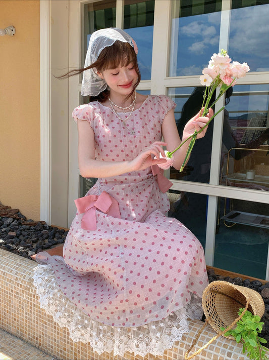 [RF] “Pink Mist Polka” Vintage Polka Dot Maxi Dress