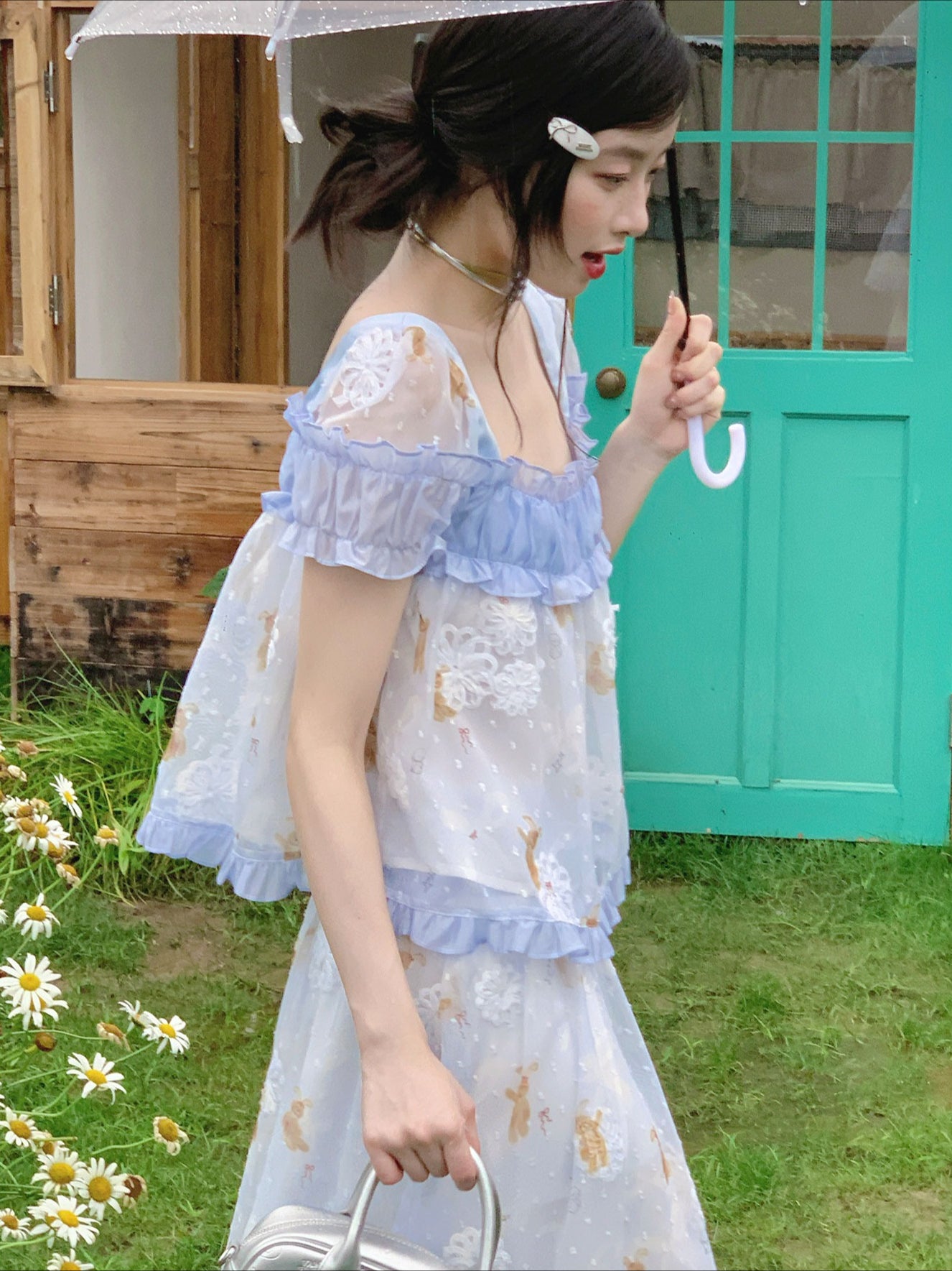 [RF] “Blue Teddy Fairytale” Bear Print Two-Piece Dress Set