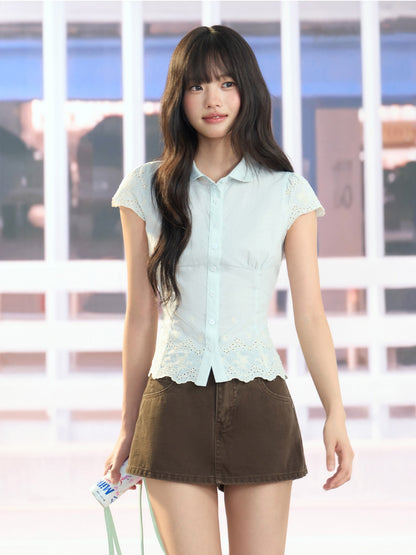 "Garden Departure" Green Waist-Defined Peter Pan Collar Blouse