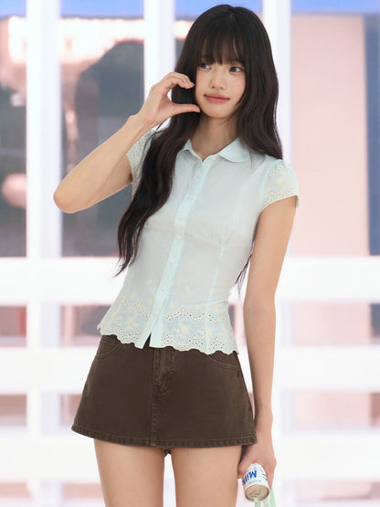 "Garden Departure" Green Waist-Defined Peter Pan Collar Blouse