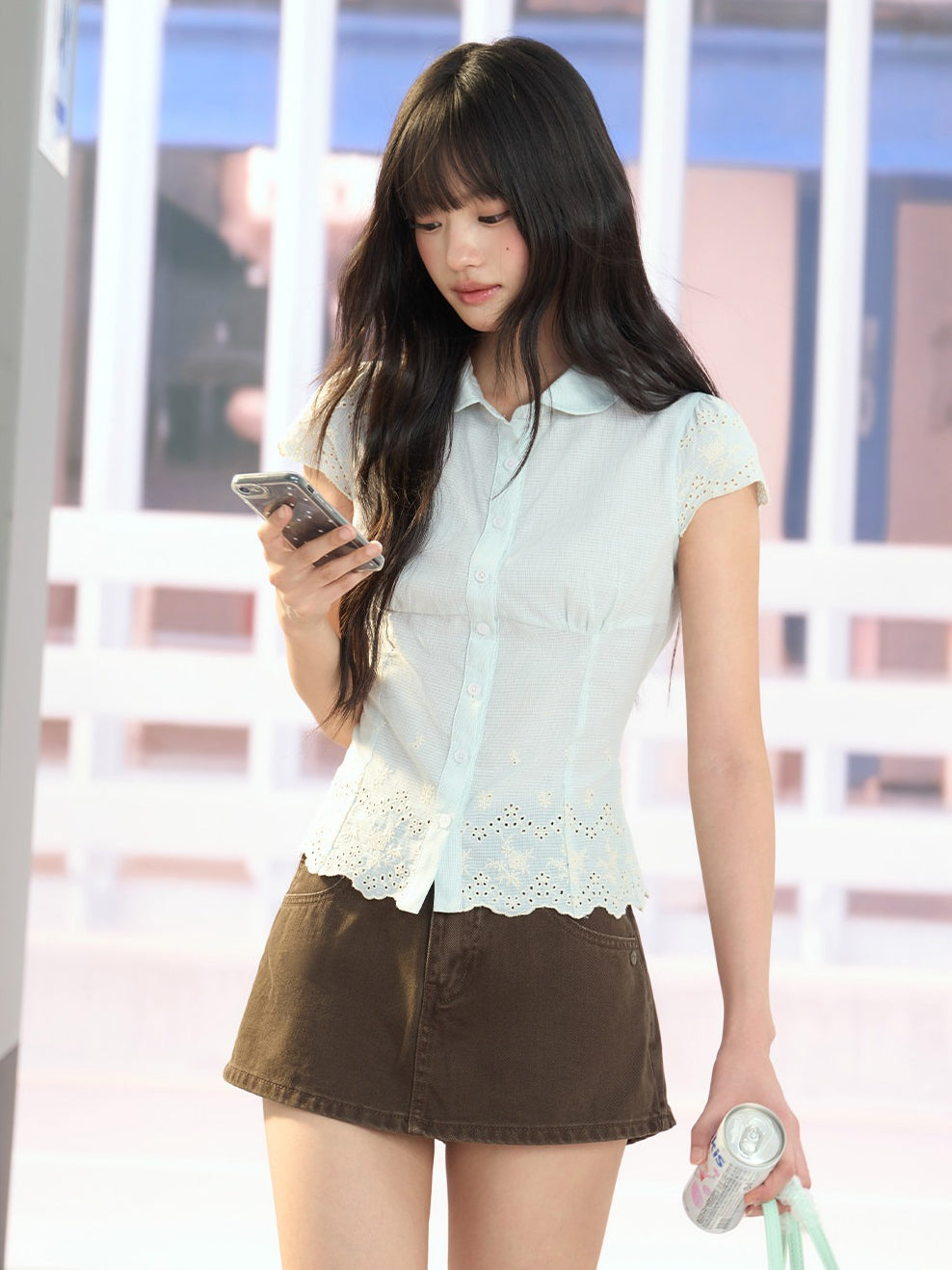 "Garden Departure" Green Waist-Defined Peter Pan Collar Blouse