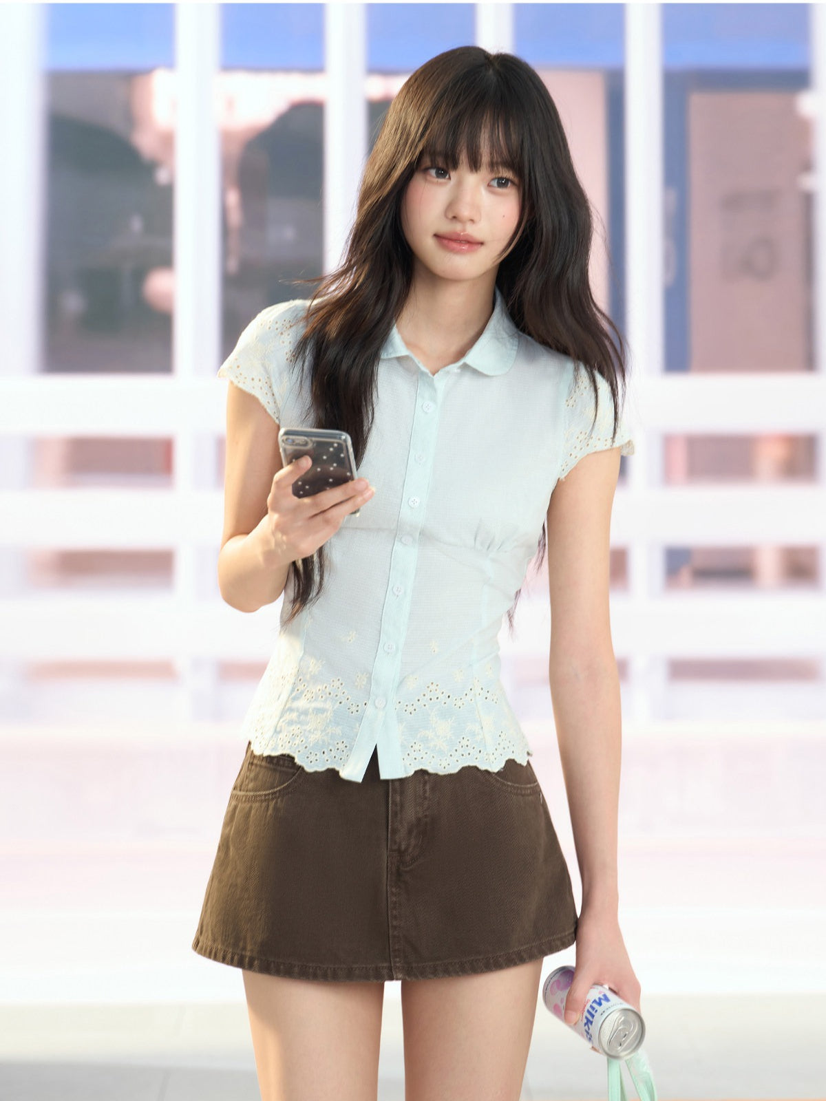 "Garden Departure" Green Waist-Defined Peter Pan Collar Blouse