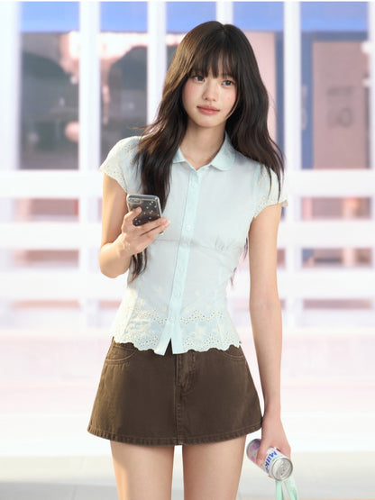 "Garden Departure" Green Waist-Defined Peter Pan Collar Blouse