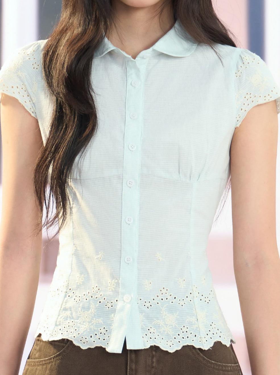 "Garden Departure" Green Waist-Defined Peter Pan Collar Blouse