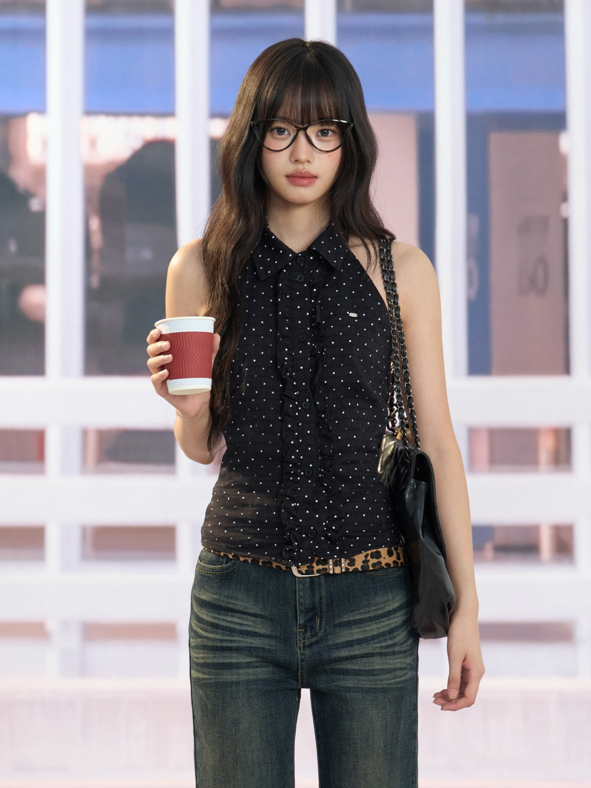 "Midnight Rendezvous" Black Polka Dot Halter Sleeveless Blouse