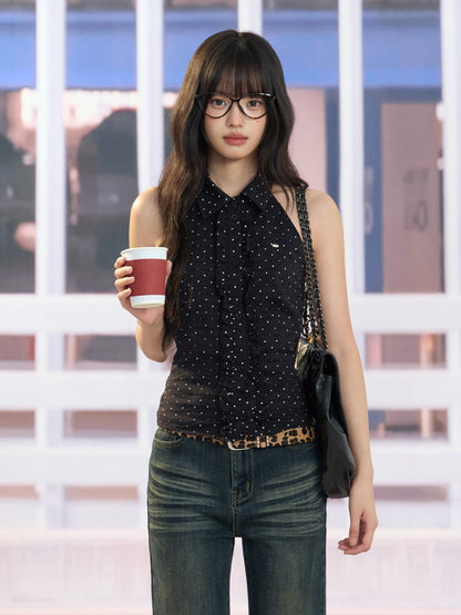 "Midnight Rendezvous" Black Polka Dot Halter Sleeveless Blouse