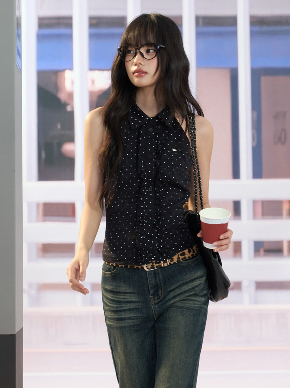 "Midnight Rendezvous" Black Polka Dot Halter Sleeveless Blouse