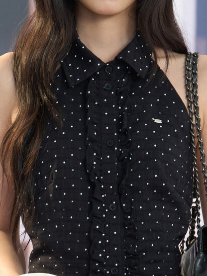 "Midnight Rendezvous" Black Polka Dot Halter Sleeveless Blouse