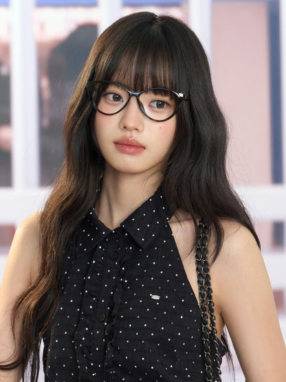 "Midnight Rendezvous" Black Polka Dot Halter Sleeveless Blouse