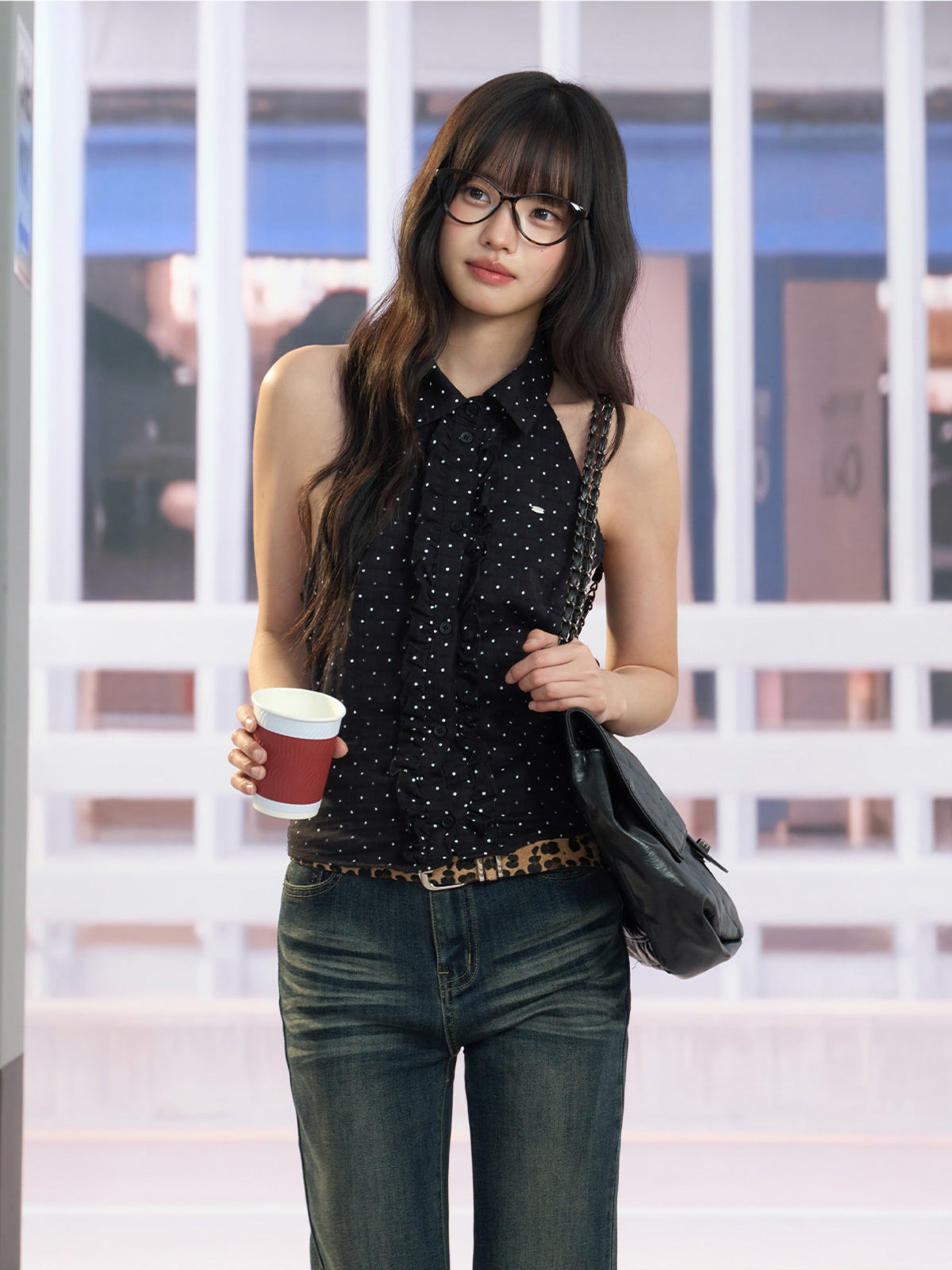 "Midnight Rendezvous" Black Polka Dot Halter Sleeveless Blouse