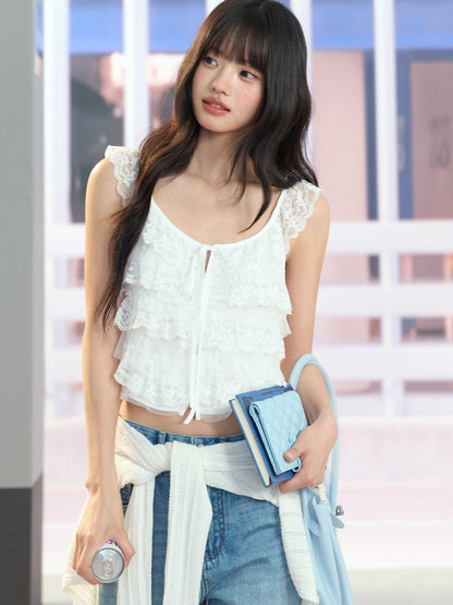 "Angel Arrival" White Lace Flutter Sleeve Cami Top