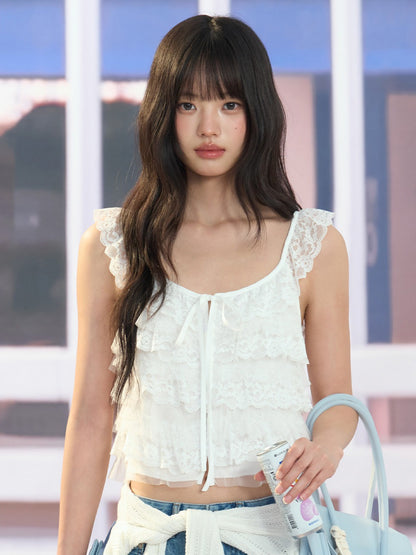 "Angel Arrival" White Lace Flutter Sleeve Cami Top