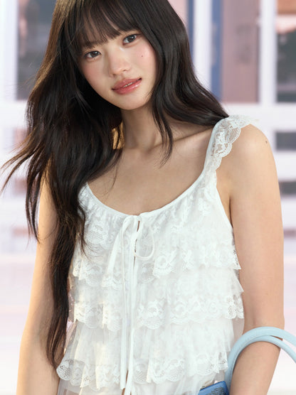 "Angel Arrival" White Lace Flutter Sleeve Cami Top