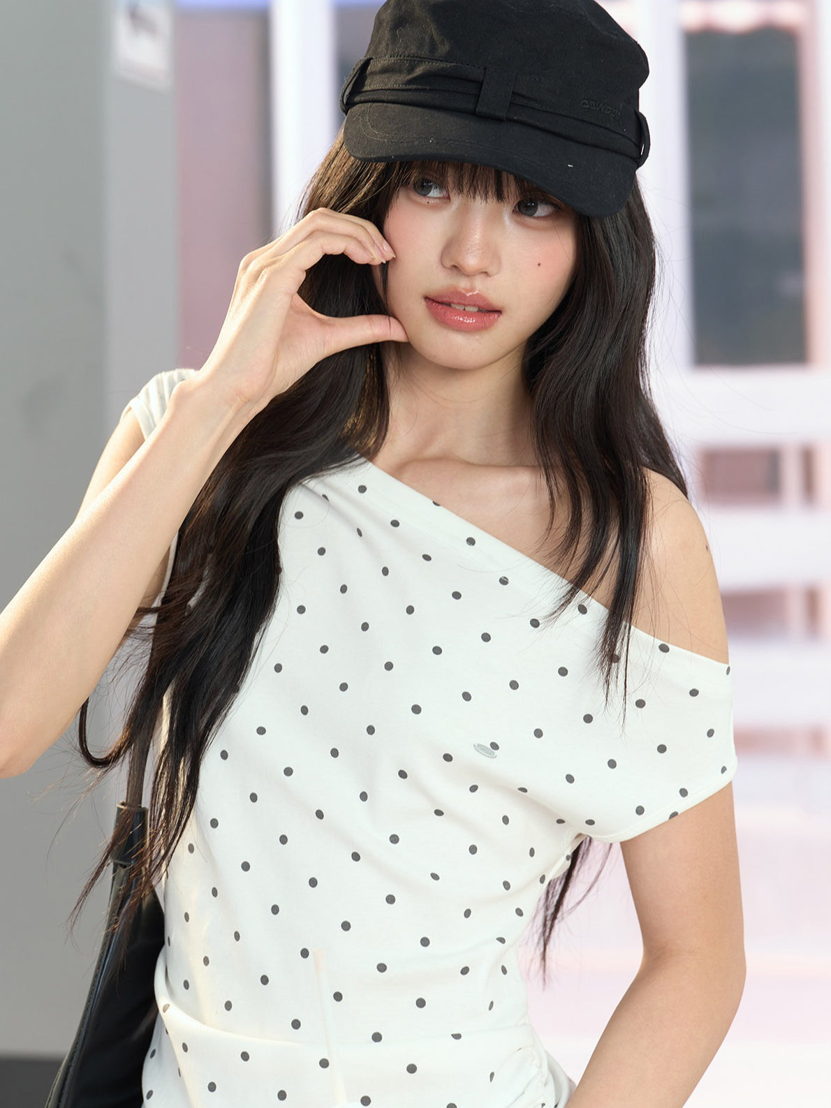 "Polished Departure" Polka Dot Off-Shoulder Ruched T-Shirt (White, Gray)