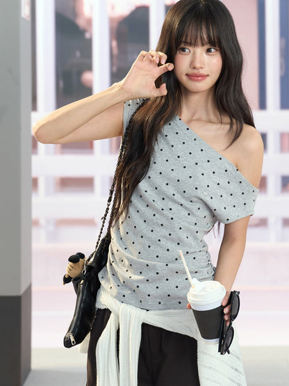 "Polished Departure" Polka Dot Off-Shoulder Ruched T-Shirt (White, Gray)