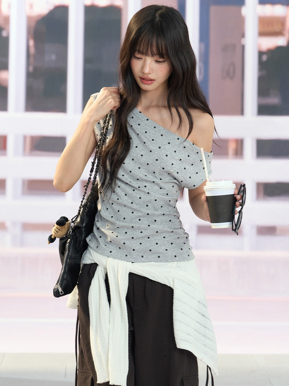 "Polished Departure" Polka Dot Off-Shoulder Ruched T-Shirt (White, Gray)