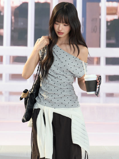 "Polished Departure" Polka Dot Off-Shoulder Ruched T-Shirt (White, Gray)