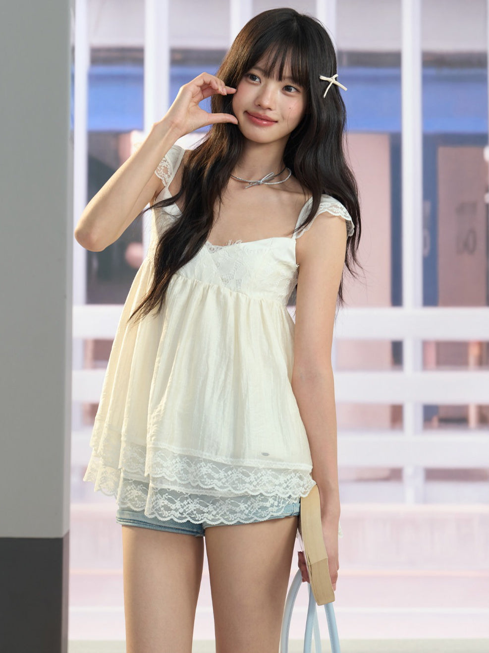 "Soft Departure" Apricot Lace V-Neck Babydoll Top
