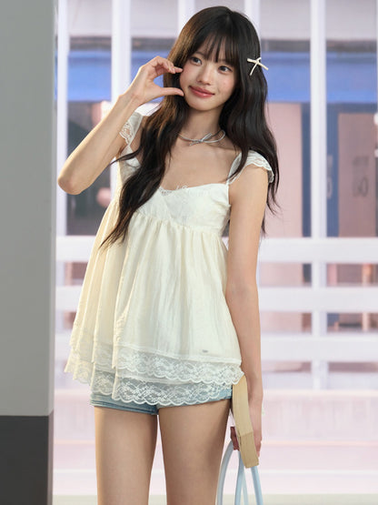 "Soft Departure" Apricot Lace V-Neck Babydoll Top