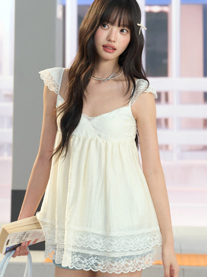 "Soft Departure" Apricot Lace V-Neck Babydoll Top