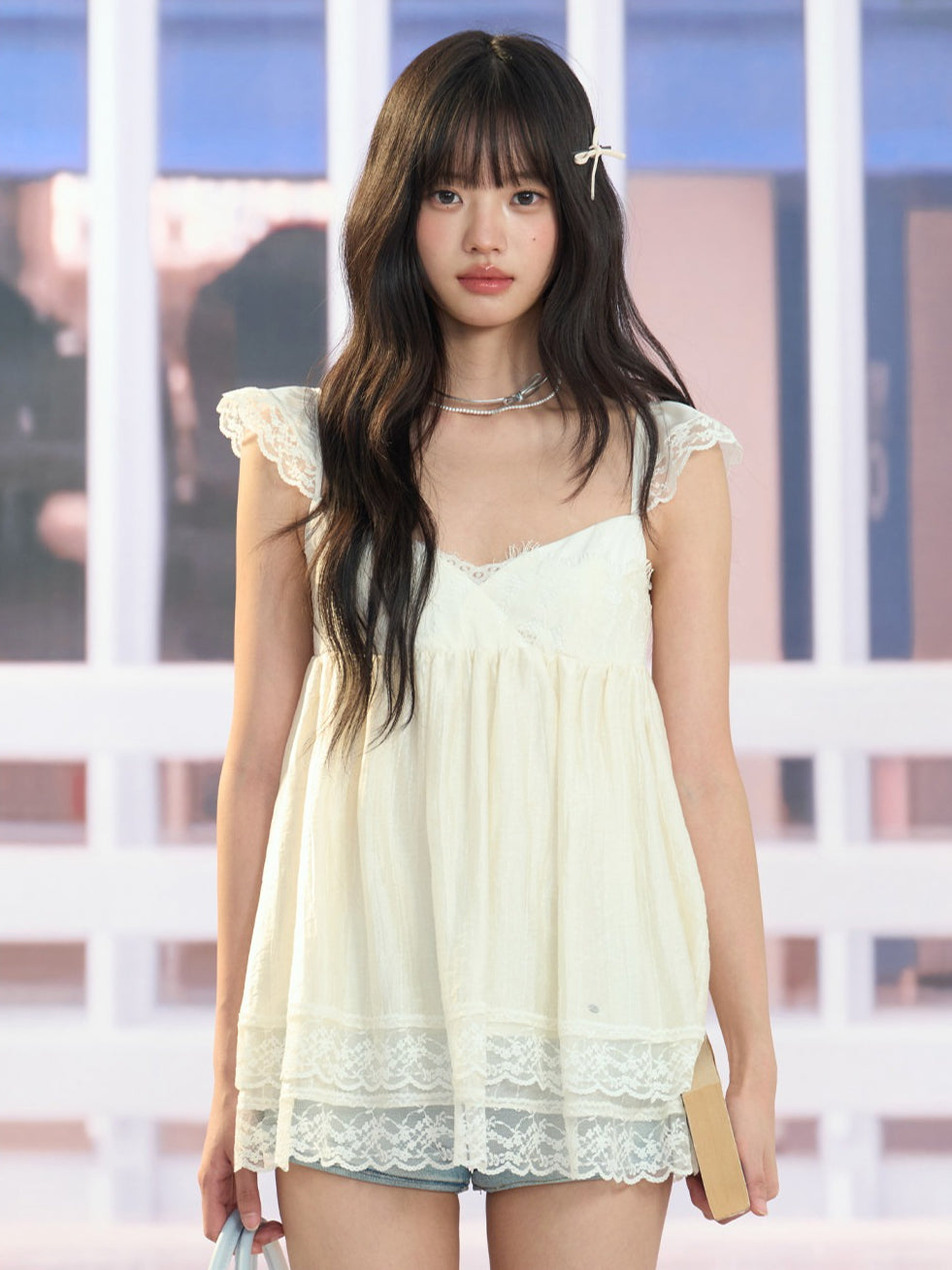 "Soft Departure" Apricot Lace V-Neck Babydoll Top