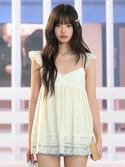 "Soft Departure" Apricot Lace V-Neck Babydoll Top