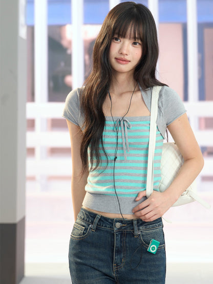 "Mint Transit" Gray Layered Square Neck Knit Top