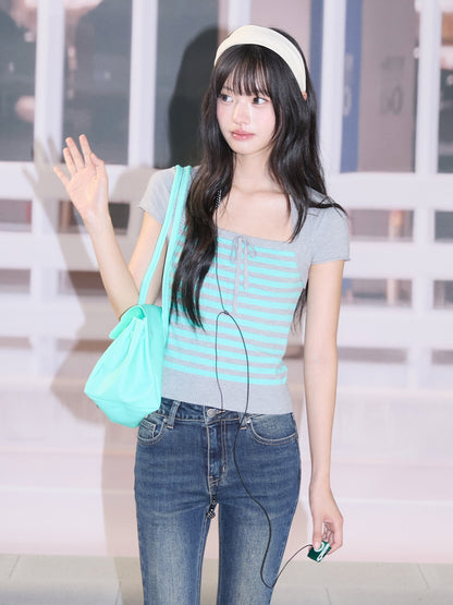 "Mint Transit" Gray Layered Square Neck Knit Top