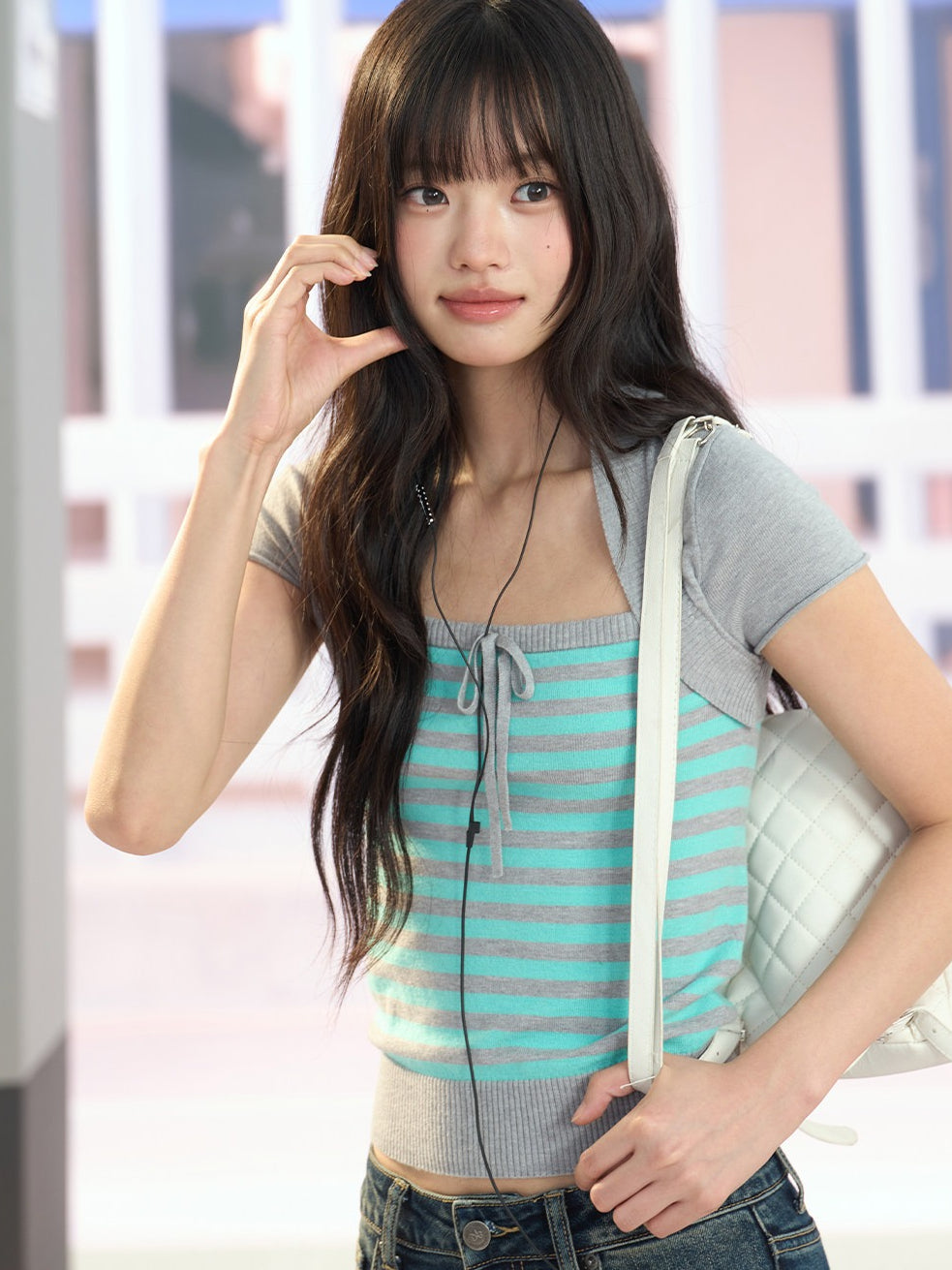 "Mint Transit" Gray Layered Square Neck Knit Top