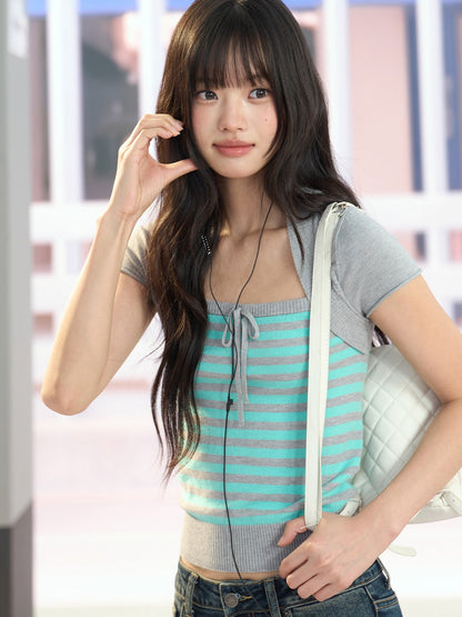 "Mint Transit" Gray Layered Square Neck Knit Top