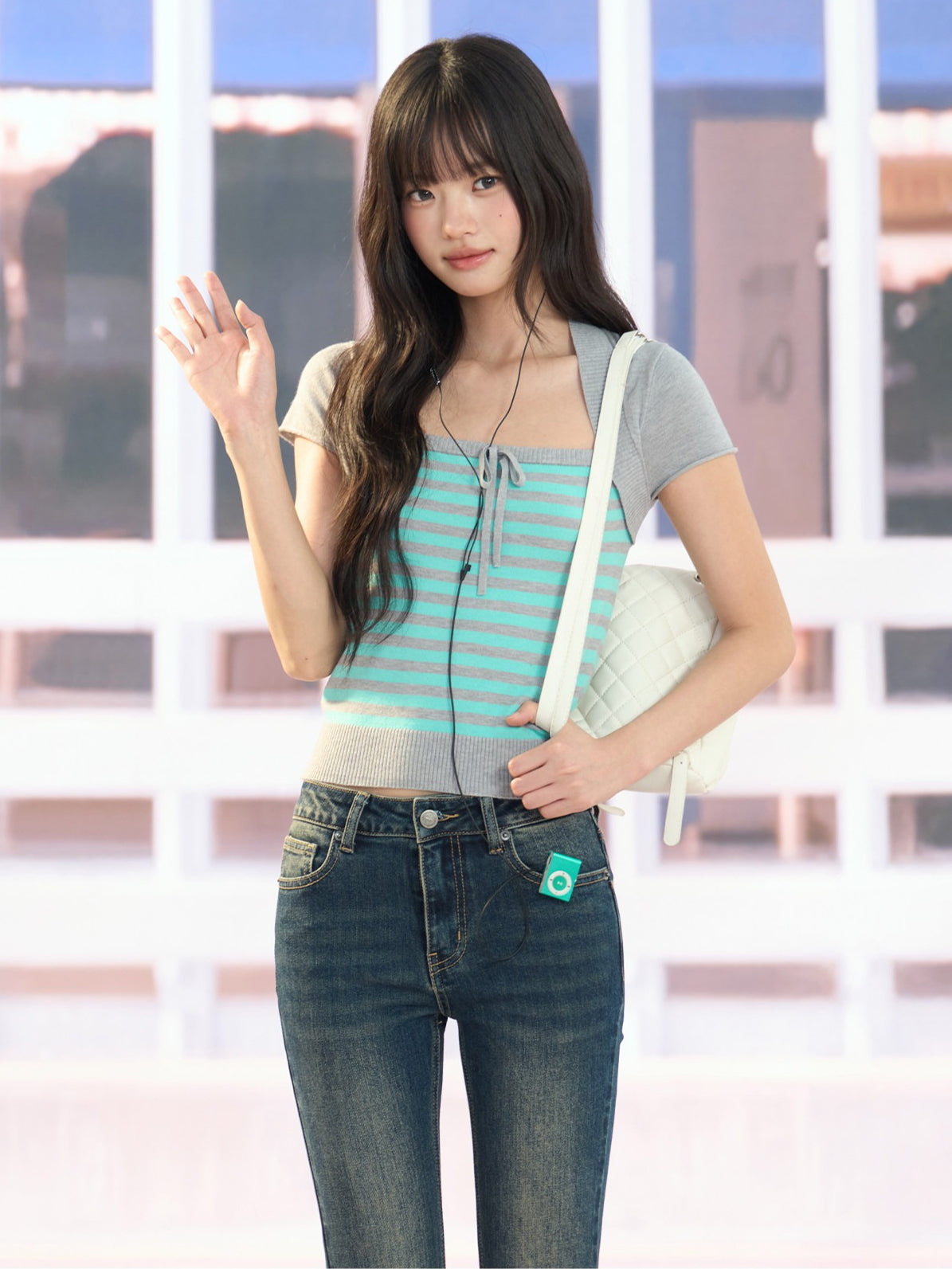 "Mint Transit" Gray Layered Square Neck Knit Top