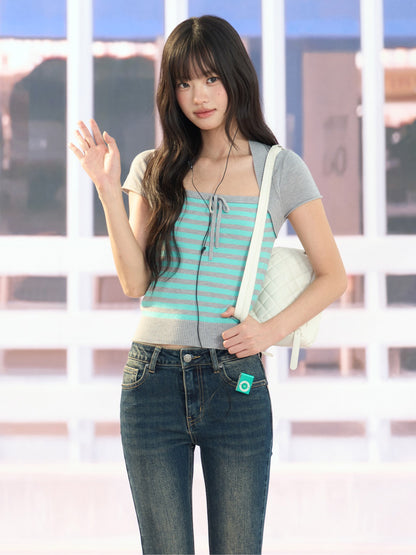 "Mint Transit" Gray Layered Square Neck Knit Top
