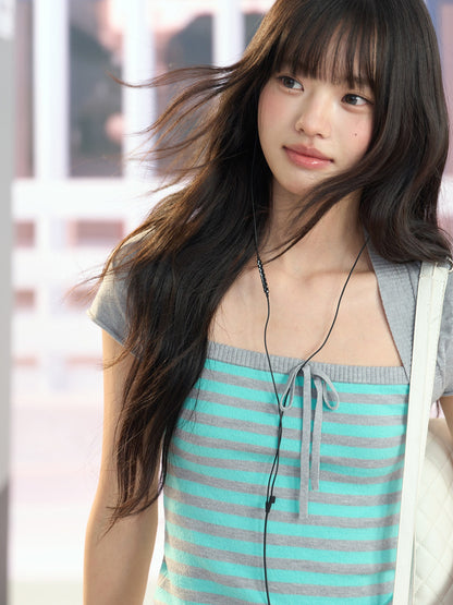 "Mint Transit" Gray Layered Square Neck Knit Top