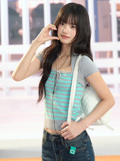 "Mint Transit" Gray Layered Square Neck Knit Top