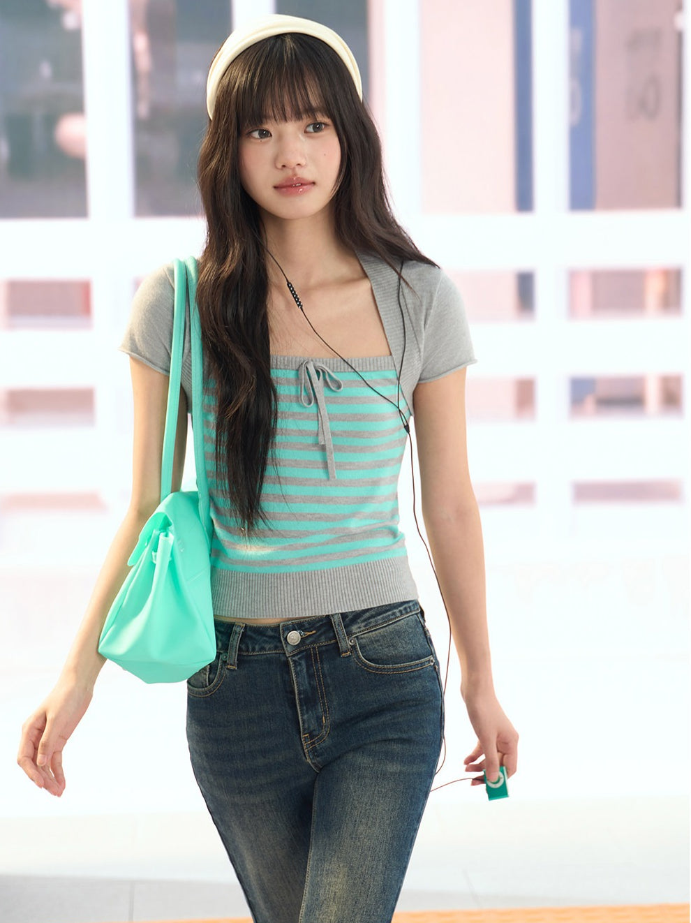 "Mint Transit" Gray Layered Square Neck Knit Top