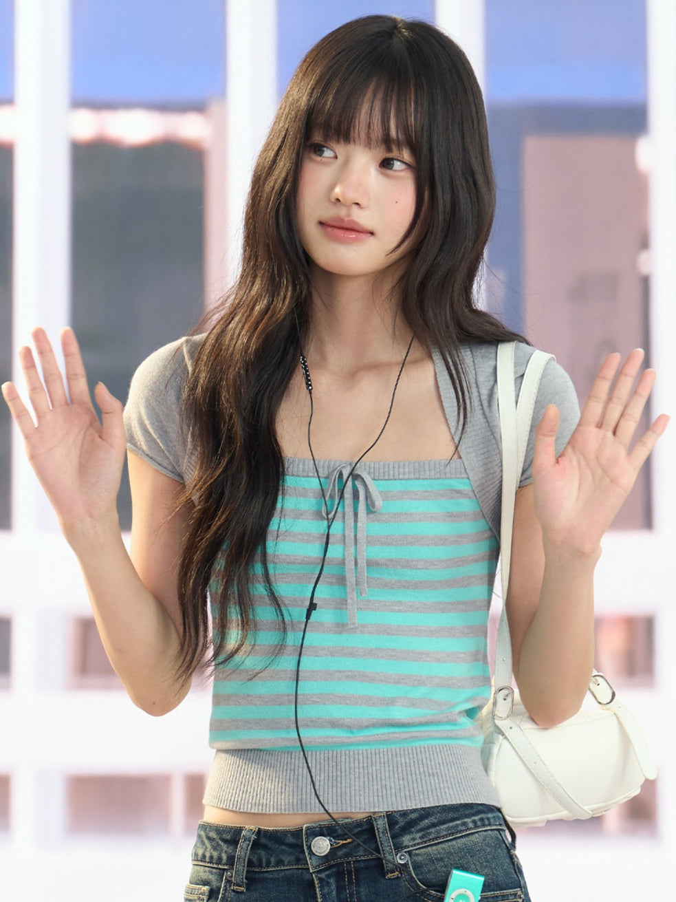 "Mint Transit" Gray Layered Square Neck Knit Top