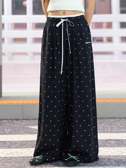 "Coastal Departure" Navy Polka Dot Wide-Leg Pants